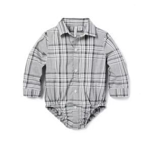 Janie & Jack Baby Tartan Poplin Bodysuit Gray Plaid Button Down Shirt 12-18 Mo